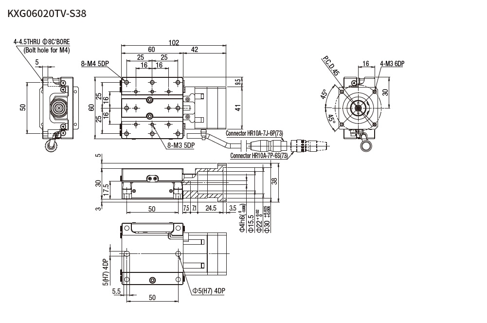 SURUGA SEIKI 駿河精機_ 無馬達X軸　平面尺寸圖 KXG06020V